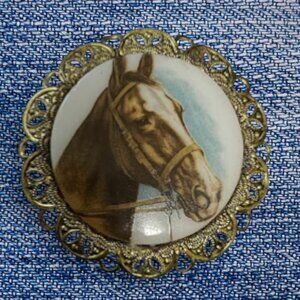 Vintage Horse Portrait Porcelain Transfer Brooch Gold Tone Filigree West Germany